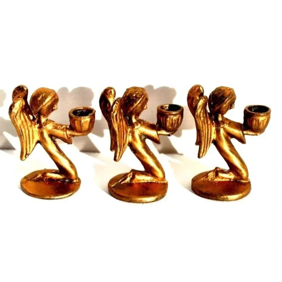 Vtg Ornate Lot 3 Miniature Dollhouse Gold Candle Stick Holders Praying ANGELS - Picture 1 of 3